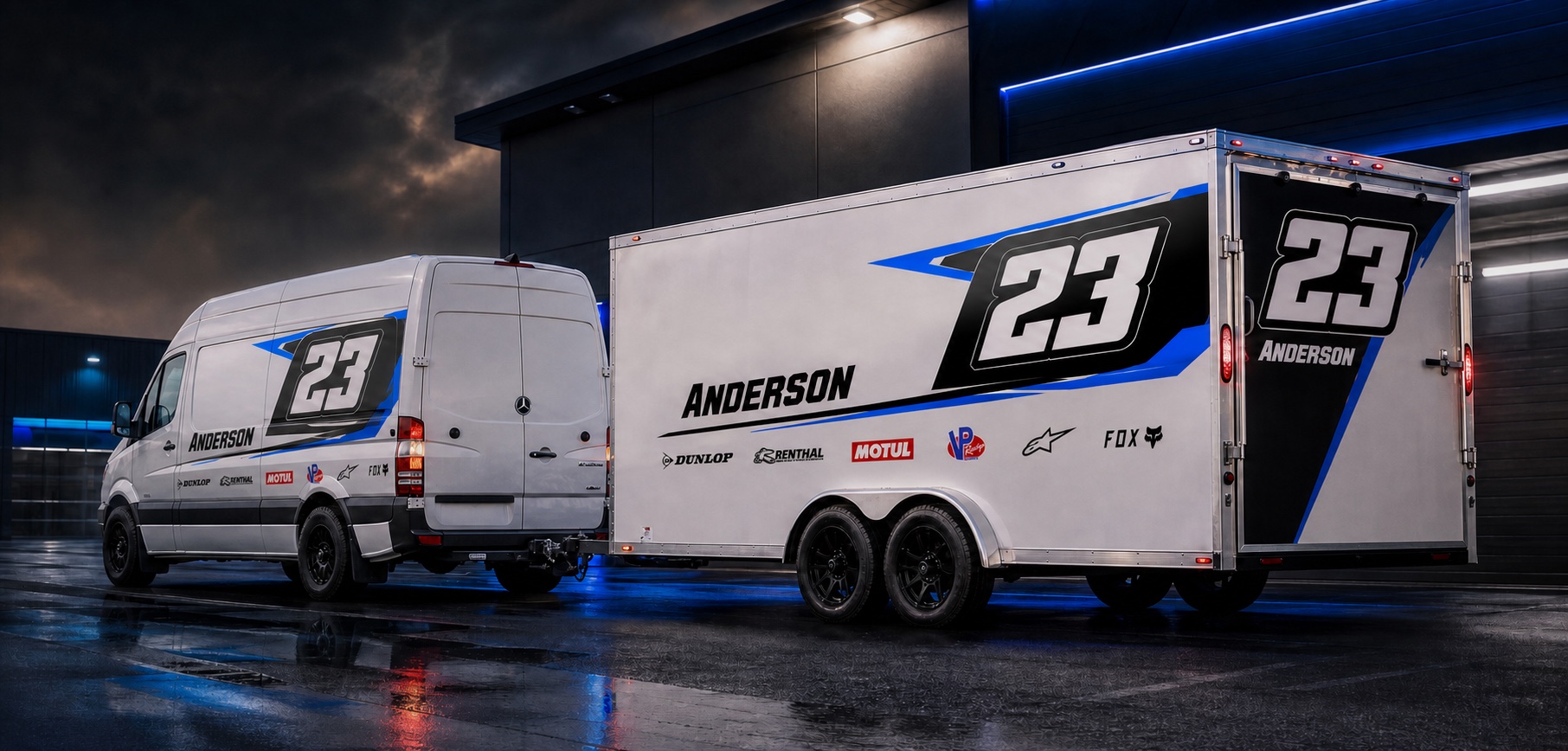 Race hauler name, number and sponsor graphics on a Sprinter van and enclosed trailer