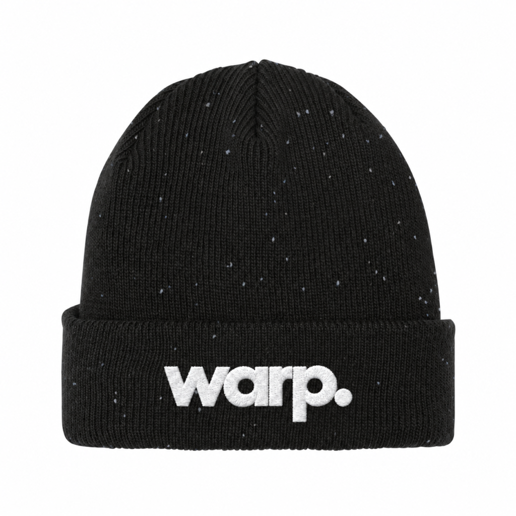 Black and graphite New Era speckled beanie with white warp. embroidery