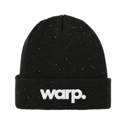 Black and graphite New Era speckled beanie with white warp. embroidery
