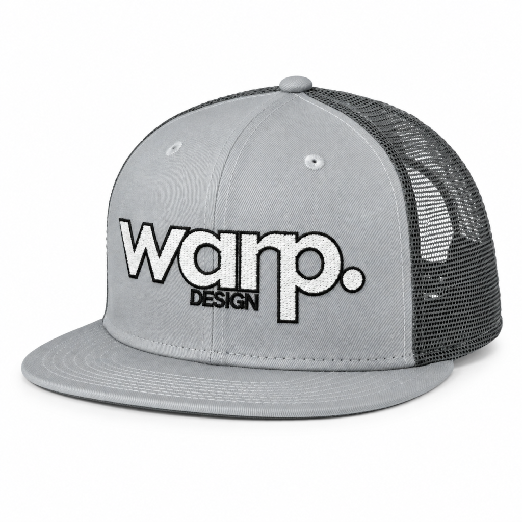 Grey and graphite New Era 9FIFTY snapback with white WARP embroidery and black outlines
