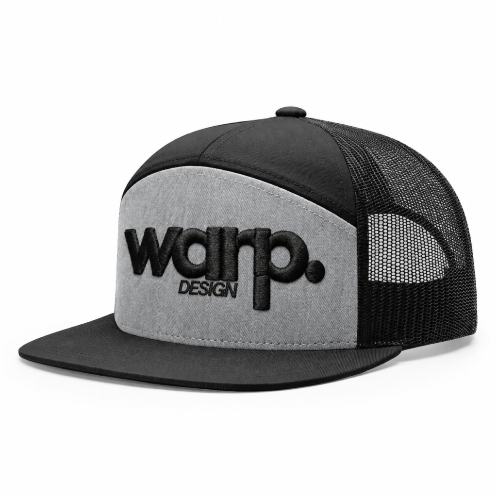 Heather grey and black Richardson snapback with raised black WARP 3D puff embroidery