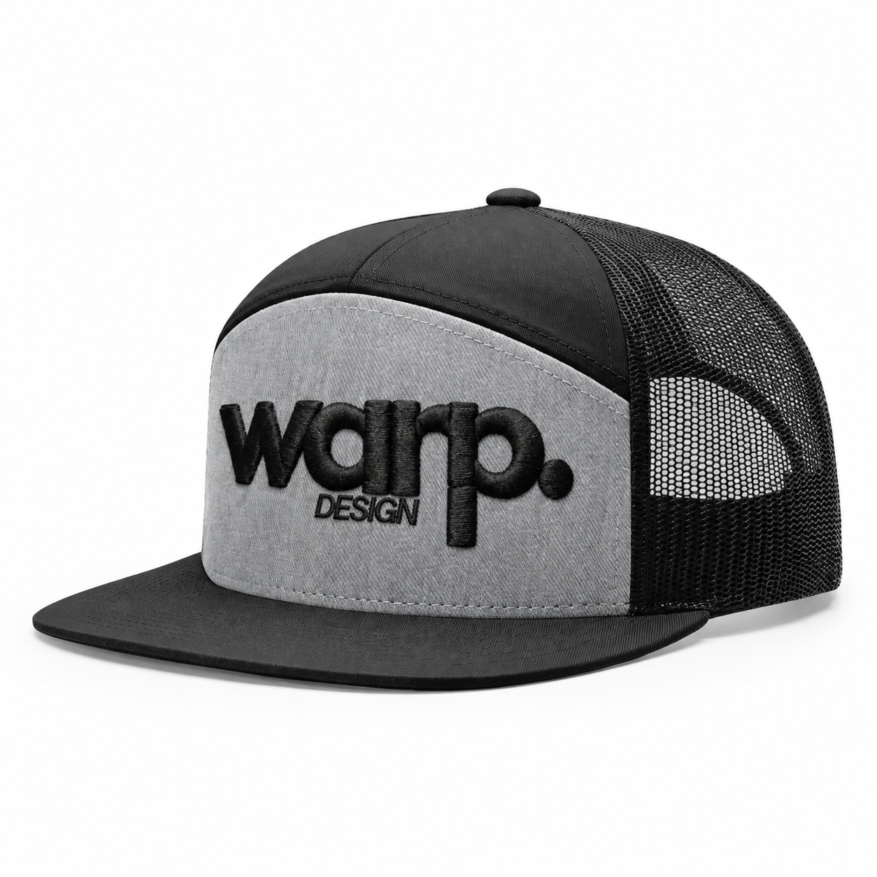 Heather grey and black Richardson snapback with raised black WARP 3D puff embroidery