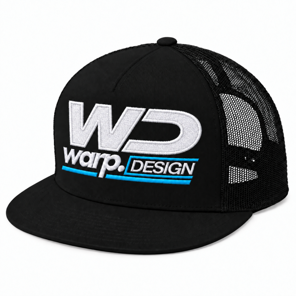 Black WARP snapback with white satin-border embroidery and Isacord 4103 blue accents