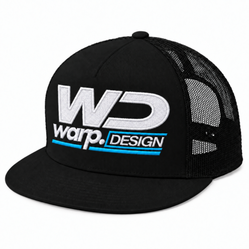 Black WARP snapback with white satin-border embroidery and Isacord 4103 blue accents