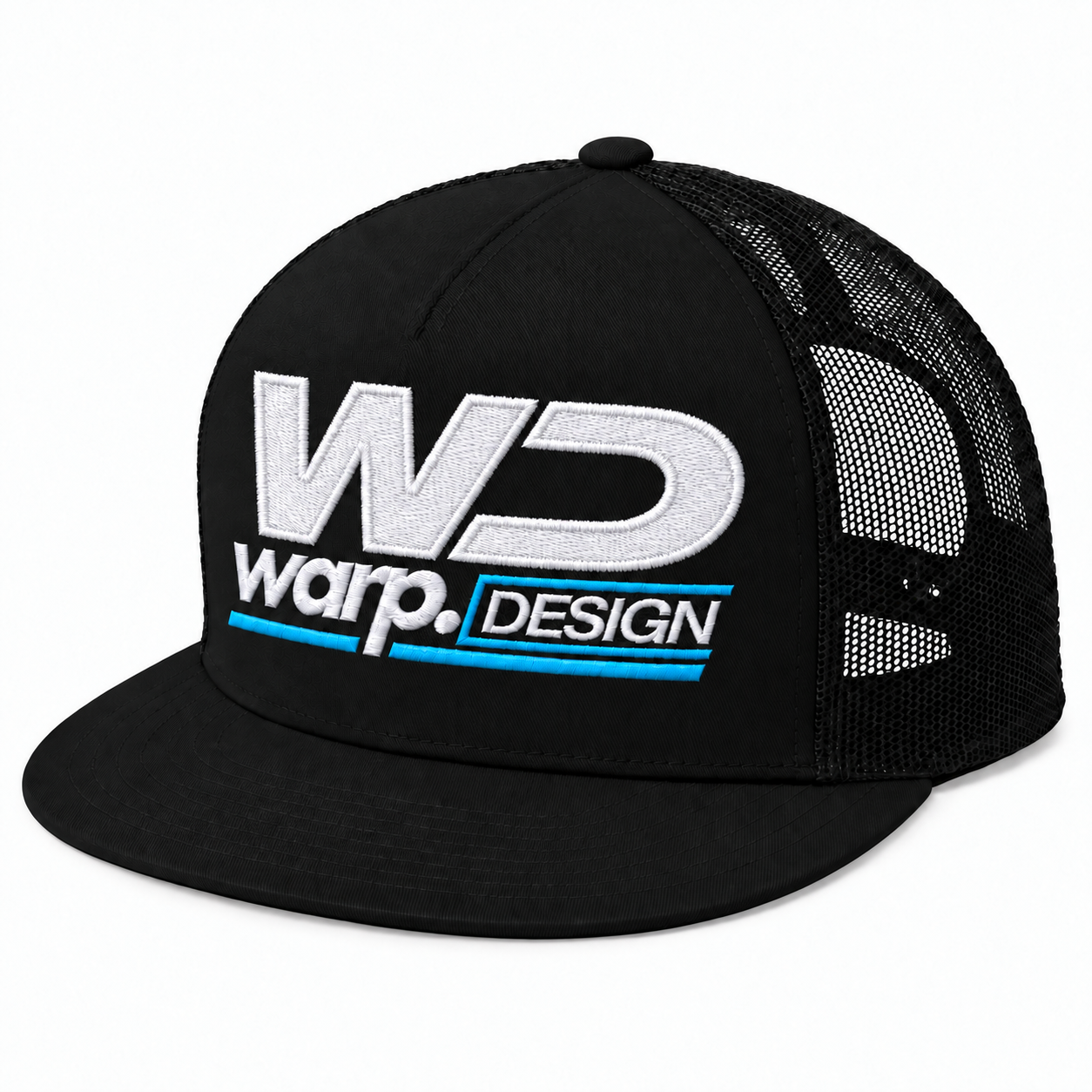 Black WARP snapback with white satin-border embroidery and Isacord 4103 blue accents
