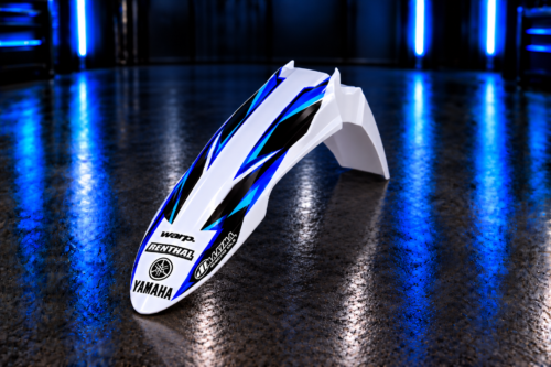 Custom front fender decals on an Acerbis-style Yamaha fender with Yamaha, Renthal, WARP and Maxima sample logos; decals only, plastic not included