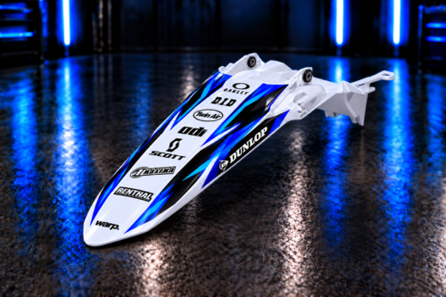 Custom rear fender decals with seven center sponsor logos, small WARP at the tip and Dunlop on the side; plastic not included