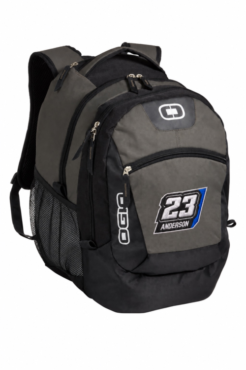 Grey OGIO Rogue Pack with sample Anderson 23 rider embroidery