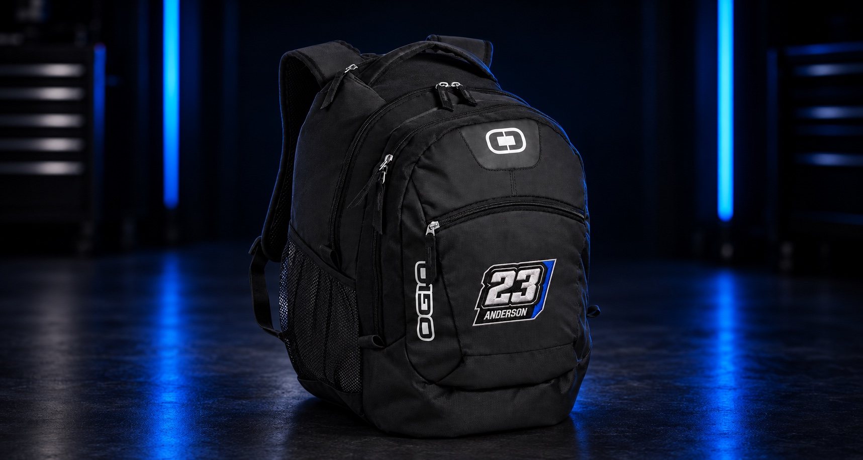 Black OGIO Rogue Pack with personalized embroidery in the WARP workshop
