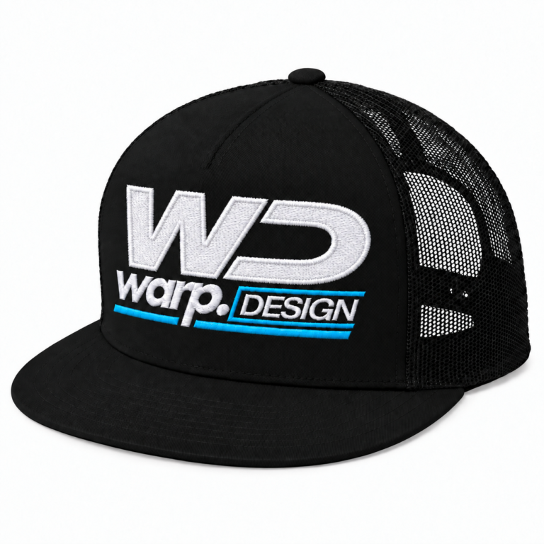 Black WARP snapback with white satin-border embroidery and Isacord 4103 blue accents