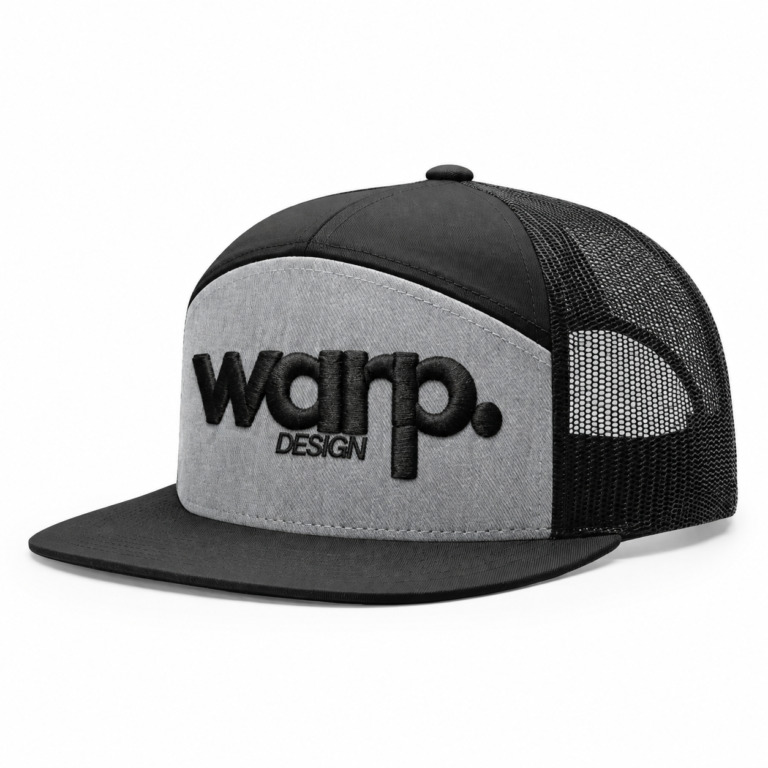 Heather grey and black Richardson snapback with raised black WARP 3D puff embroidery