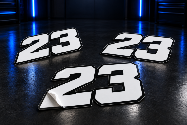 Three matching white 23 contour-cut number decal sets with black outlines on the WARP blue-lit workshop background