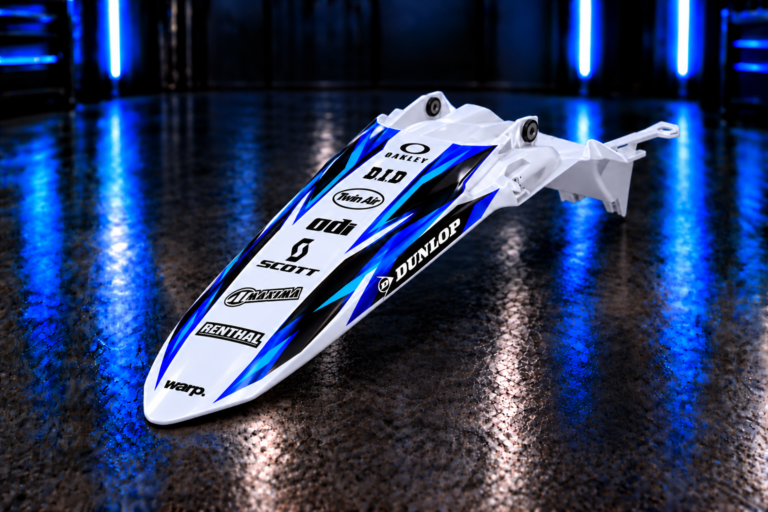Custom rear fender decals with seven center sponsor logos, small WARP at the tip and Dunlop on the side; plastic not included